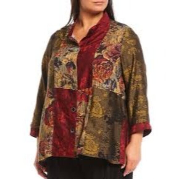 John Mark Tops - John Mark Artsy Asian Inspired Mandarin Collar Patchwork Floral Top Shacket 3X